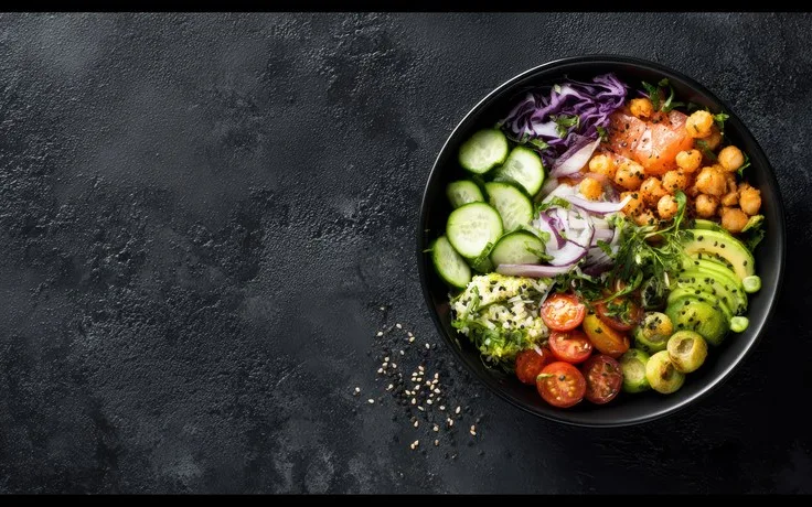 Cuenco con verduras, garbanzos y aguacate sobre una mesa oscura