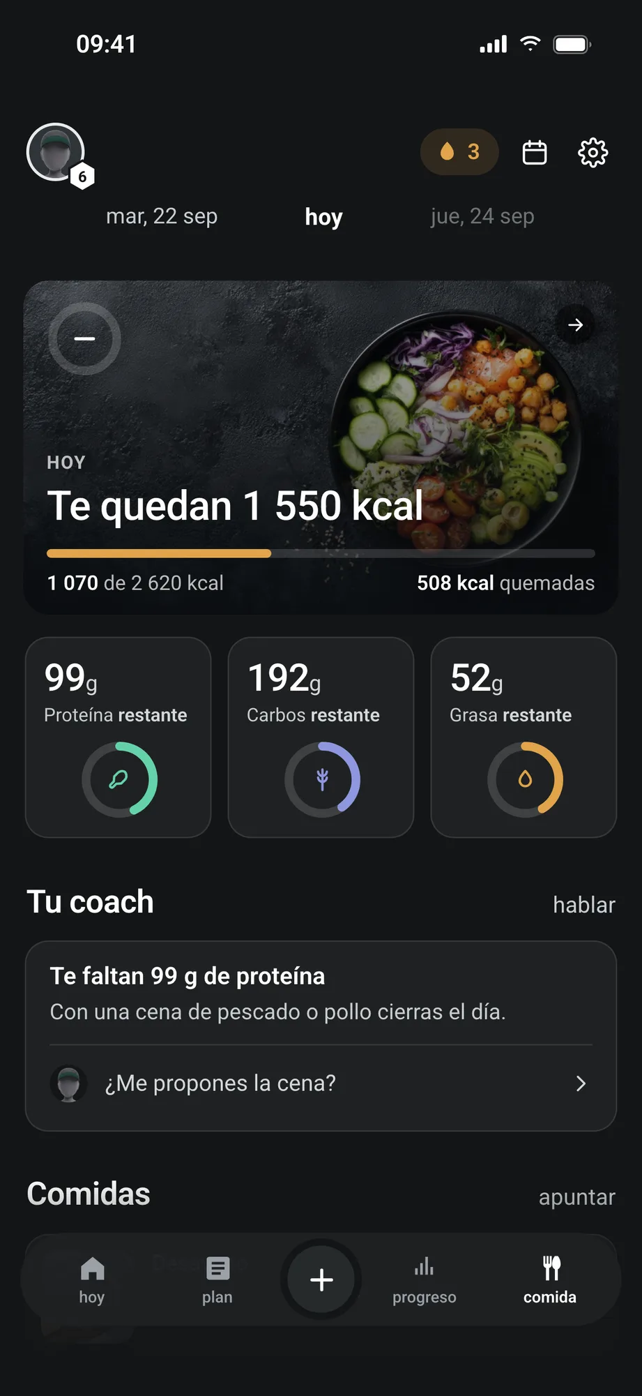 Pantalla de comida: te quedan 1550 kcal, la proteína que falta y la cena que propone el coach