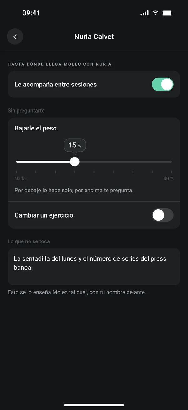 Pantalla de Molec con lo que puede hacer la app entre sesiones con un cliente